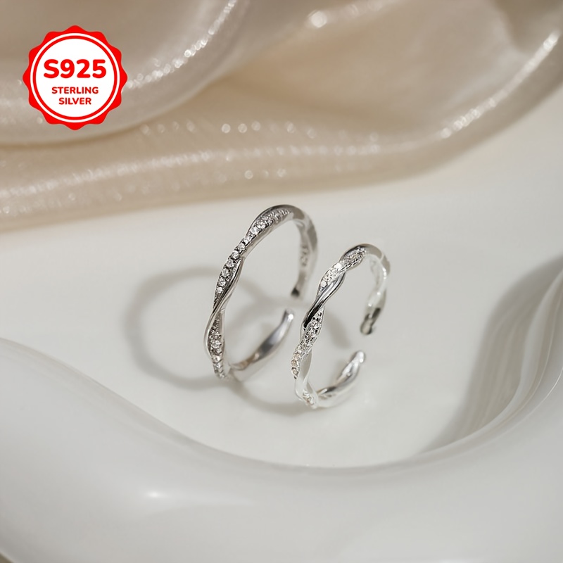 Sterling Silver Twist Ring with CZ Open Band Adjustable Couple's Ring